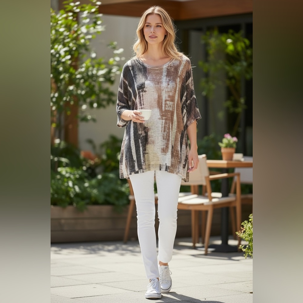 JESS & JANE Abstract Print Short Sleeve Top, M